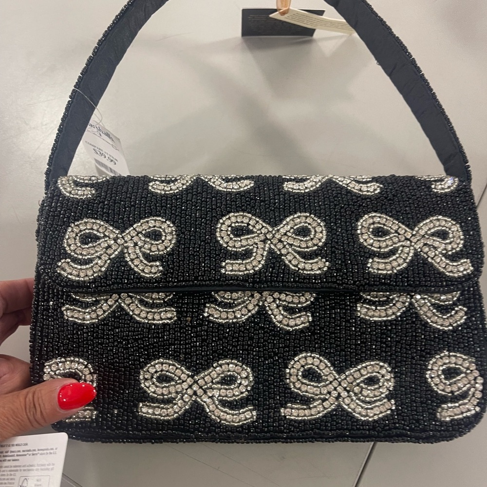 Elegant Black and Silver Beaded Bow Shoulder Bag